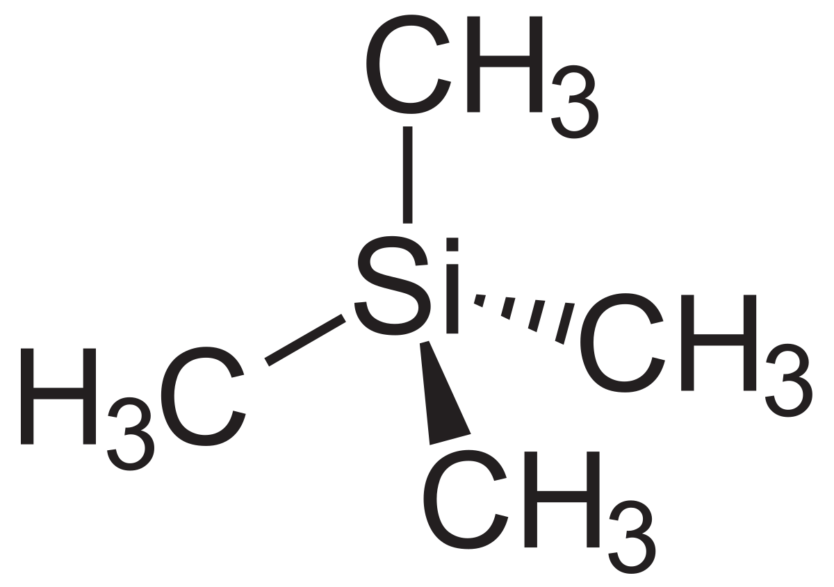 <p>tetramethylsilane (TMS)</p><ul><li><p>non toxic</p></li><li><p>Does not react with the sample</p></li><li><p>Easily separated from the sample molecule due to its low boiling point </p></li><li><p>Produces one strong, sharp absorption peak on the spectrum </p></li></ul>
