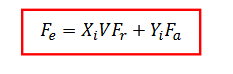 <p>For combined loading the radial and axial loads are combined to an equivalent load Fe</p><p>Fr- radial load</p><p>Fa- axial load</p><p>V- rotation parameter (1 if inner ring rotates, 1.2 if outer ring rotates)</p><p>Xi and Yi - equivalent load factors (From table) </p><p>Have to figure out depeneding on calculation of e wheter u use X1 and Y1 or X2 and Y2</p>