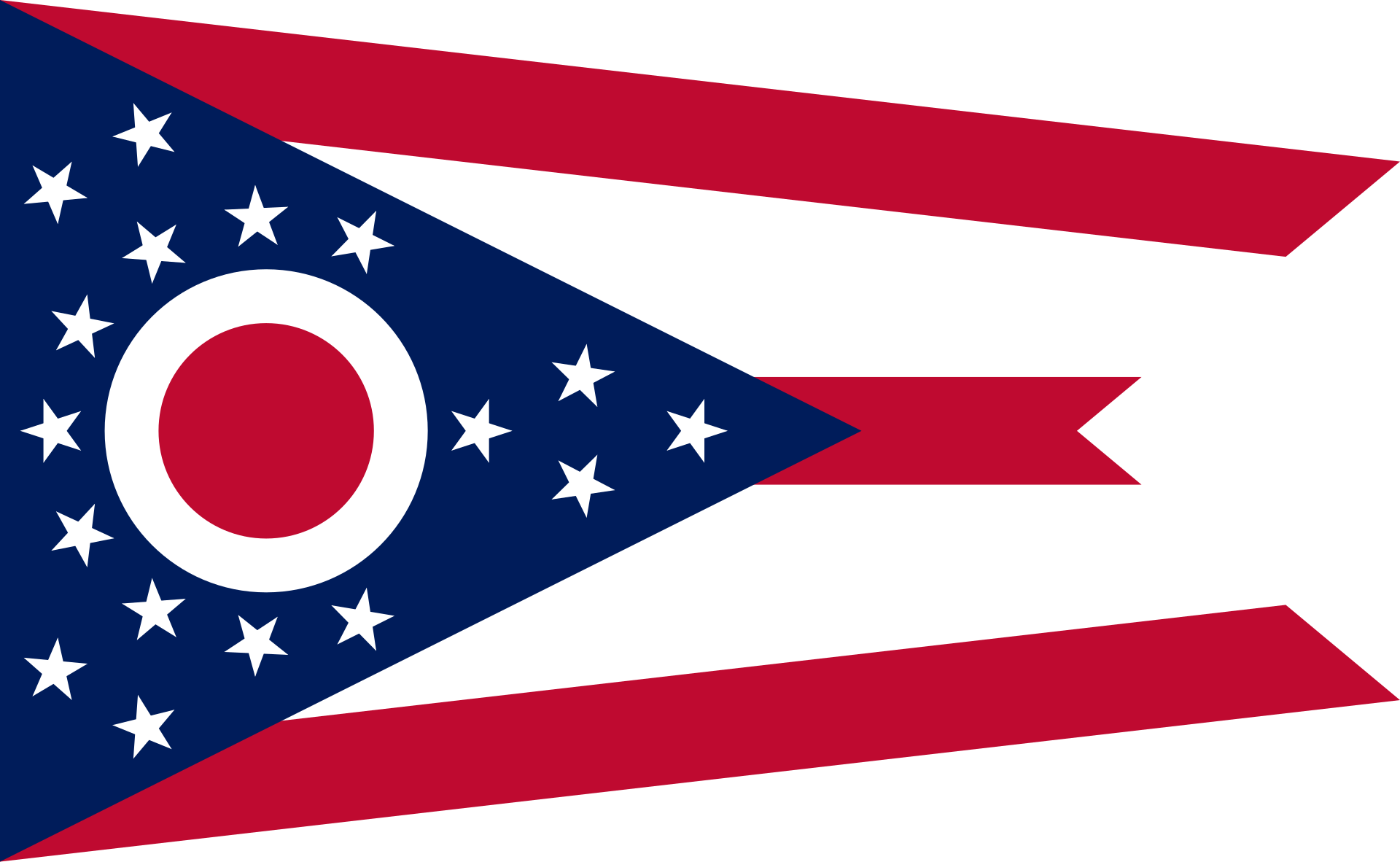 <p>Swallowtail flag with 3 red stripes and 2 white. Blue triangle with 17 stars, a red circle in white outline.</p>