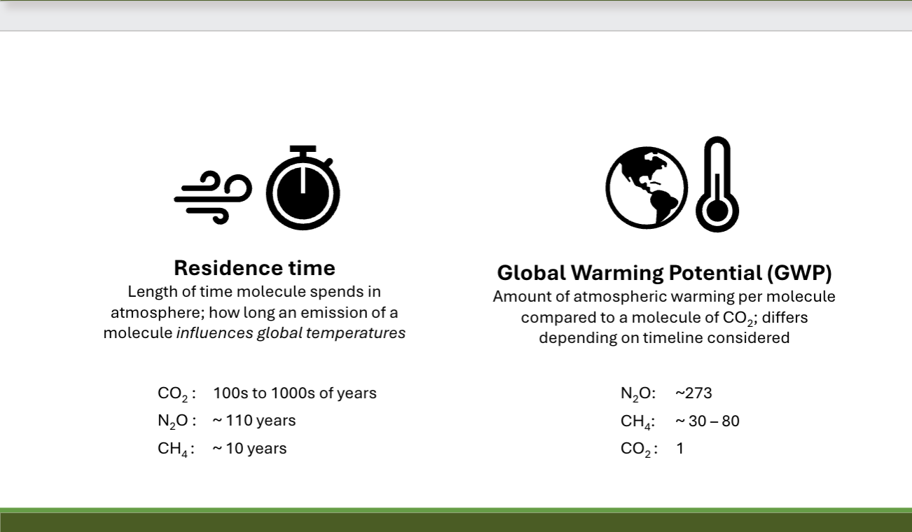 <ul><li><p>GWP: amount of atmospheric warming per molecule compared to a molecule of CO2; differs depending on the timeline considered</p><ul><li><p>CO2: 1</p></li><li><p>N2O: ~273</p></li><li><p>CH4: ~30-80</p></li><li><p>H20: negligible</p></li></ul></li></ul><ul><li><p>Residence time: length of time molecules spend in the atmosphere; how long an emission of a molecule influences global temps</p><ul><li><p>CO2: 100s to 1000s of yrs</p></li><li><p>N2O: ~110 yrs</p></li><li><p>CH4: ~10 yrs</p></li><li><p>H2O: ~7-10 days</p></li></ul></li></ul><p></p>