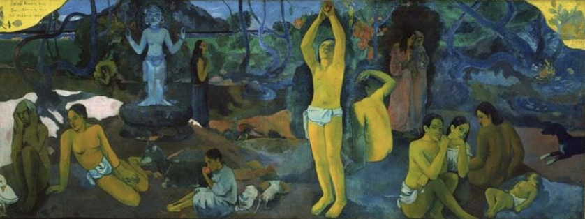 * failed stock broker in Tahiti
* painted in a month on cloth sack, he believed it was his best work
* tried to drink poison afterwards
* never explained meaning or symbolism in the piece
  * infant and women may be discussing future (come from)
  * man toiling next to them or person picking fruit (what/where we are)
  * old woman about to die (where we are going)
* not proportional figures