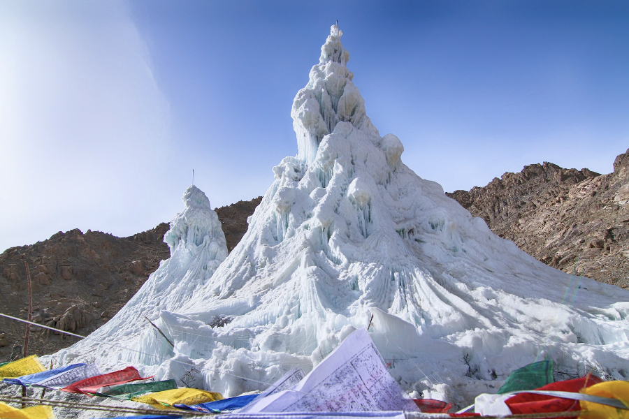 <p>Ladakh’s Ice Stupa Project</p><ul><li><p>to cope with water pressure in the Himalayas (eg glaciers melting due to climate change)</p></li><li><p>freezing abundant water in the off season in pyramid shapes made of buckthorn branches to melt in the spring</p></li><li><p>provides off season access to fresh water</p></li></ul><p>Integrated Water Resources Management Project</p><ul><li><p>GOAL: to reduce social conflicts from competing countries’ water needs</p></li><li><p>Mekong River Commission adapted IWRM through 1995 Mekong Agreement Principles</p></li></ul>