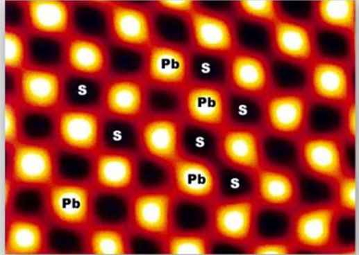\-lead sulfide 

\
\-PbS

\
\-cubical shape

\
\-grey with metallic structure 

\
\-High Magnification reveals the galena’s mineral surface has a regular, repeatable pattern consisting of alternating bright and dark spots 