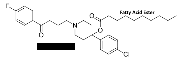 <ul><li><p>long acting benzamide</p></li><li><p>duration is 4-6 weeks for compliance</p></li><li><p>prodrug→ fatty acid ester cleaved by hydrolysis</p></li><li><p>can become toxic through bioactivation → HPP+ is neurotoxic to dopaminergic and serotonergic neurons</p></li><li><p>caused tardive dyskinesia, which is repetitive, involuntary movements</p></li></ul><p></p>