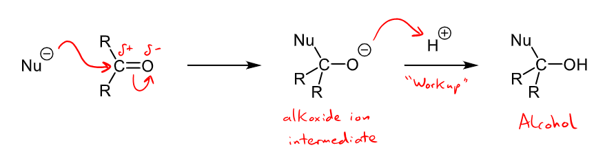 <ul><li><p>charged nucleophiles include H-, R-, CN-</p></li><li><p>alcohol is formed with an alkoxide intermediate</p></li><li><p>Nucleophilic addition occurs commonly with aldehydes and ketones</p></li></ul><p></p>