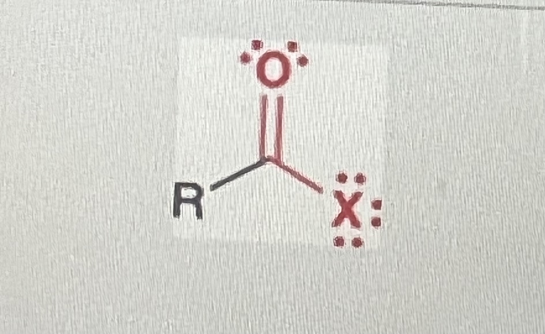 <p>(X=halogen, R=alkyl)</p><p>-contains CARBONYL and ACYL</p>