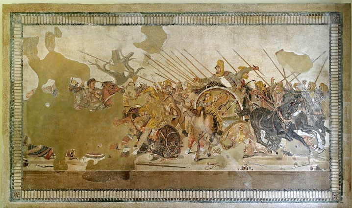 <ul><li><p>Roman Arts</p></li><li><p>It is also known as the Battle of Issus Mosaic, is a Roman floor mosaic = originally from the House of the Faun in Pompeii, Italy. It is typically dated between c. 120 and 100 B.C. and depicts a battle between the armies of Alexander the Great and Darius III of Persia.</p></li></ul><p></p>