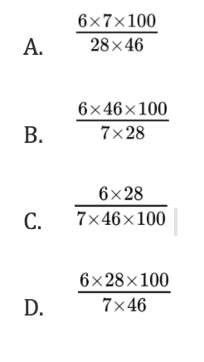 <p>What is the percentage yield when 7 g of ethene produces 6 g of ethanol?</p><p>Mr(ethene) = 28 and Mr(ethanol) = 46</p><p>C₂H₄(g) + H₂O(g) → C₂H₅OH(g)</p>
