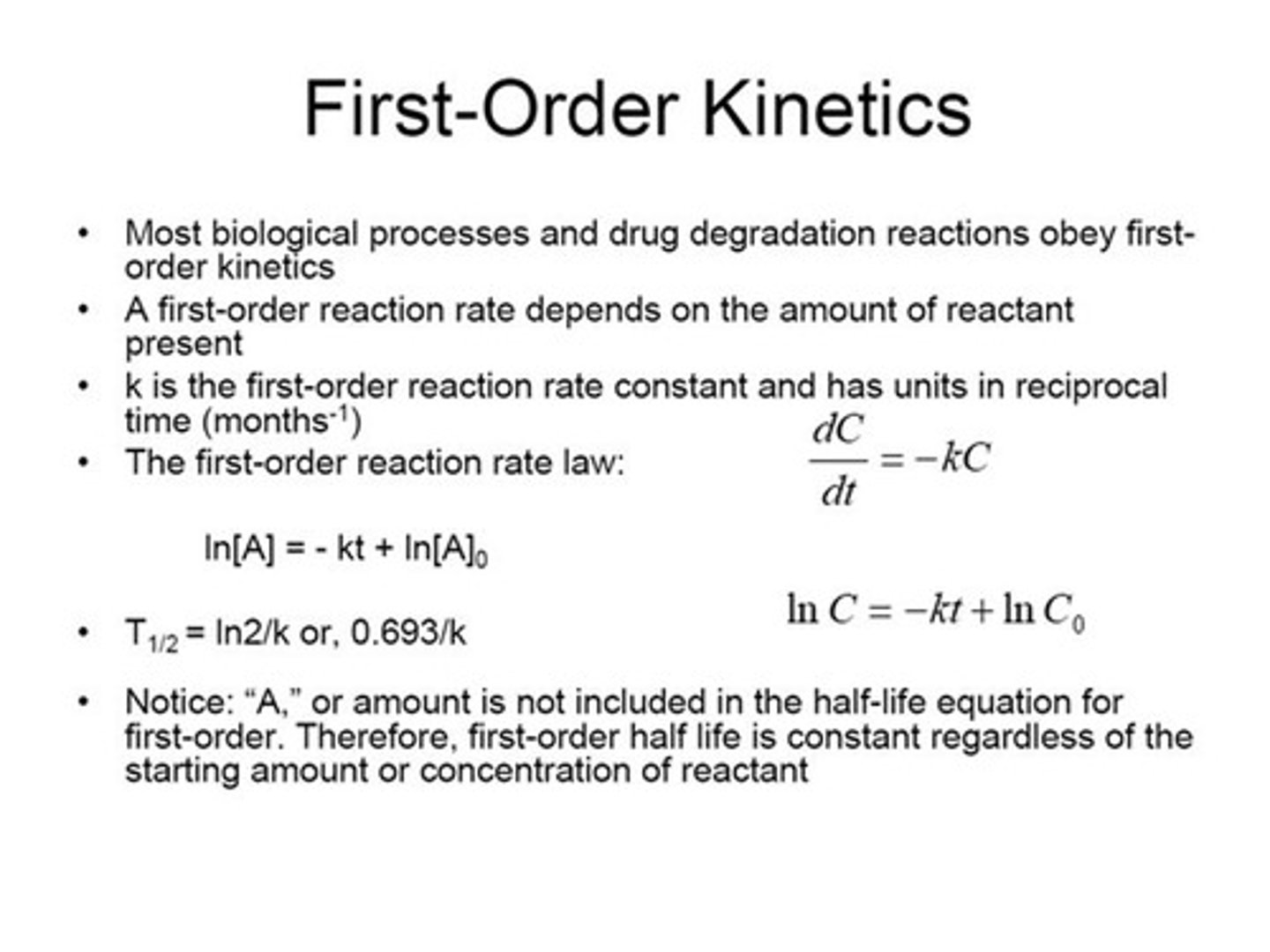 <p>[drug] decreases exponentially with time; rate of degradation is proportional to [drug]; plot of log [drug] or ln[drug] vs. time is linear; t 1/2 is constant regardless of [drug].</p>