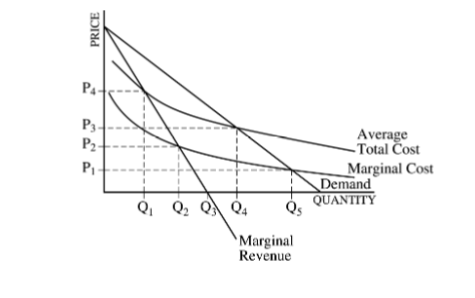 <p><strong>The&nbsp;question refers to the following diagram of a natural monopolist.</strong></p><p></p><p>If government regulated the natural monopoly to produce the output resulting in zero economic profit, then the output would be</p><p>Responses</p><p><strong>A</strong></p><p>Q<sub>1</sub></p><p><strong>B</strong></p><p>Q<sub>2</sub></p><p><strong>C</strong></p><p>Q<sub>3</sub></p><p><strong>D</strong></p><p>Q<sub>4</sub></p><p><strong>E</strong></p><p>Q<sub>5</sub></p>