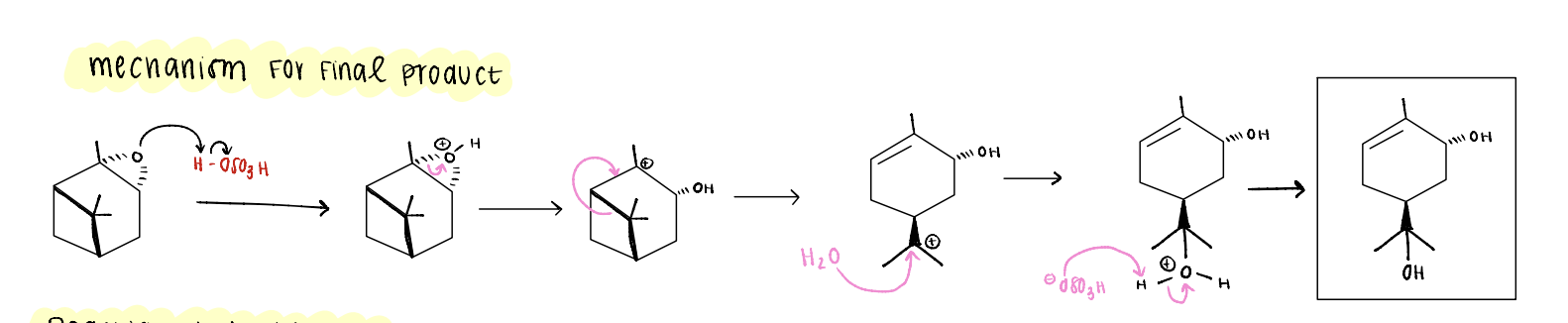 <p>epoxide ring gets protonated, opens, creates a carbocation.</p>