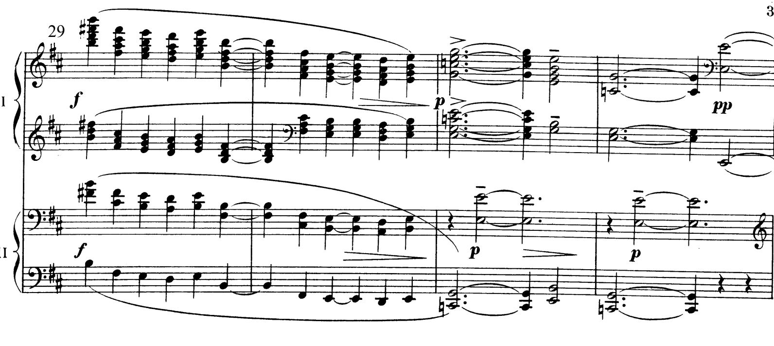 29-32 most contrasting presentation of x with slightly different melodic profile and pure triads ending unexpectedly on a Cmaj chord at bar 31