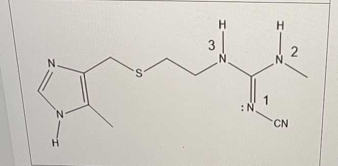<p>For Cimetidine (Tagamet) shown below, the nitrile group on nitrogen 1 will have what effect on the pKb of that nitrogen?</p>