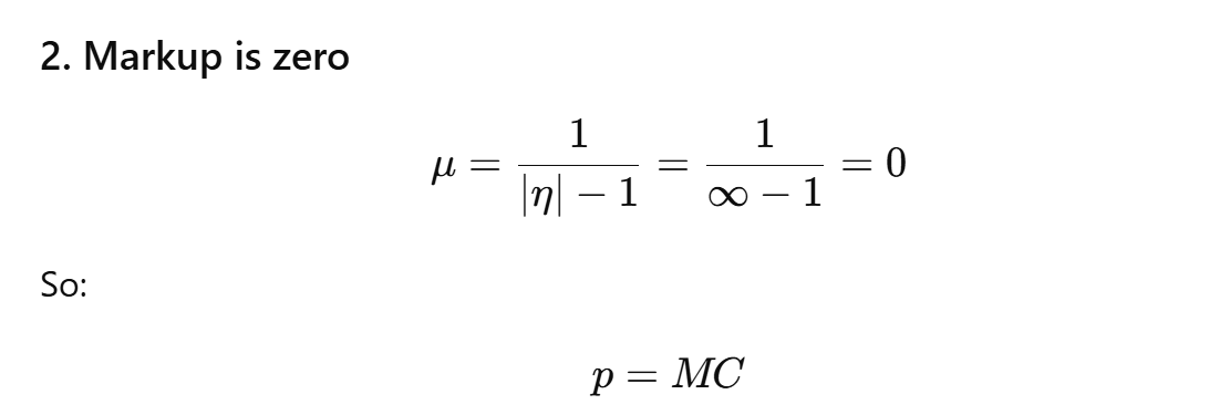 <p><strong>This is perfect competition</strong></p><ul><li><p>Firms have <strong>no market power</strong>.</p></li><li><p>They cannot charge above marginal cost.</p><ul><li><p>They simply sell as much as they want at the market price.</p></li></ul></li></ul><p>|η| = ∞ means perfectly elastic demand, zero markup, price equals marginal cost, and the firm behaves as a price taker in perfect competition.</p>