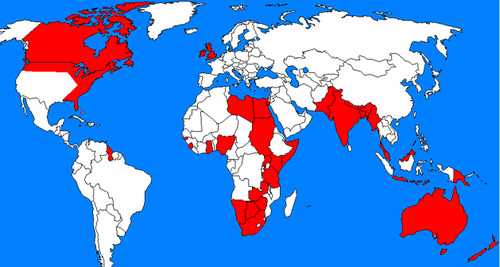 <p>England + its colonies (Ireland, N. America, Asia, Africa, Caribbean)</p>