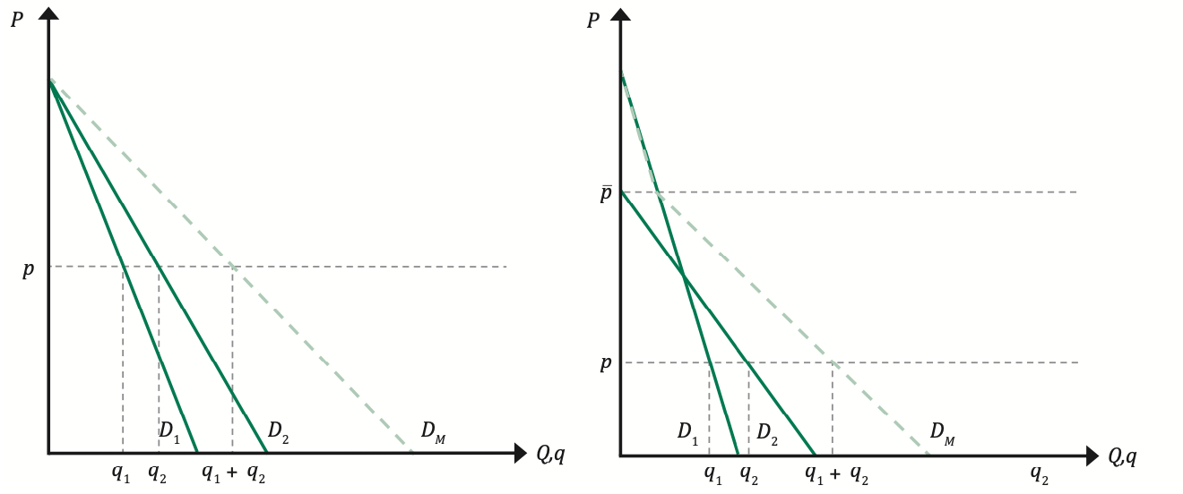<p><span>The market demand curve (DM) can be derived by summing horizontally the individual demand curves (D1 and D2). In the first graph, both individual demand curves have the same P-intercept. If this is the case, then for every price p, the quantity demanded by the market will be the sum of individual consumer demand (that is, q1 + q2). In the second graph, the individual demand curves have different P-intercepts. Above the price p–, the quantity demanded by individual 2 will be zero; therefore, in this range, the market demand curve follows the individual demand curve for consumer 1. Below the price p–, the quantity demanded by both consumers is positive; in this range, the quantity demanded by the market will be the sum of individual consumer demand (that is, q1 + q2)</span></p>