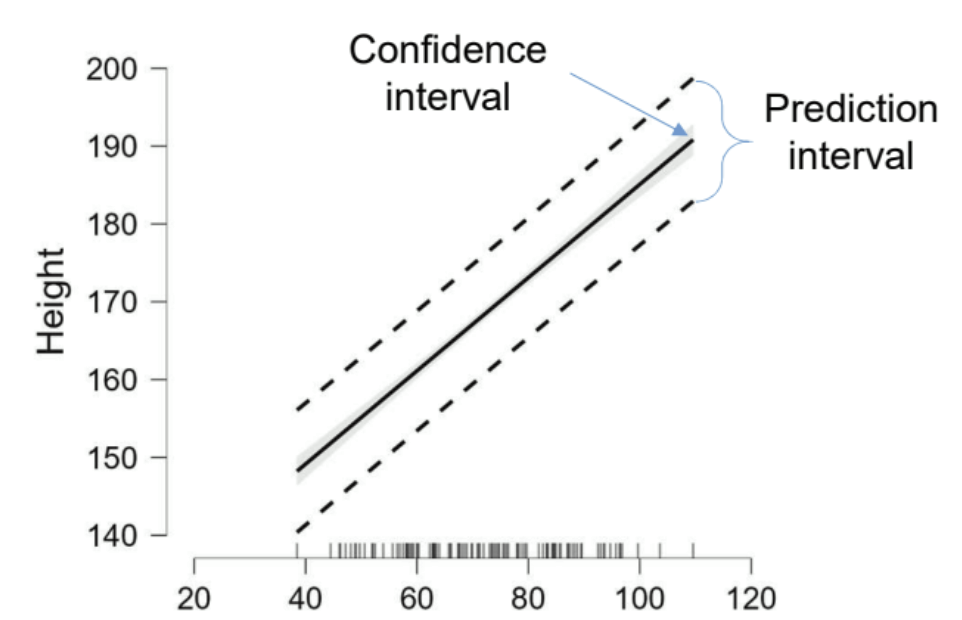 <ul><li><p>Confidence interval: range within the <strong>average</strong> predicted value Y is likely to fall</p><ul><li><p>precision of the estimate average Y for a given X</p></li></ul></li><li><p>Prediction interval: range within an <strong>individual</strong> observation of Y is likely to fall</p><ul><li><p>wider than confidence interval because individuals vary more than the mean</p></li></ul></li></ul><p></p>