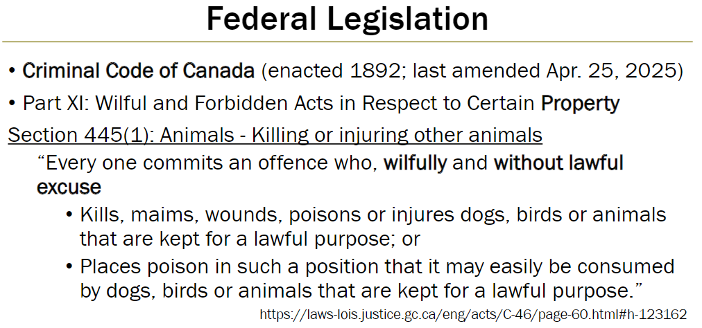 <p><strong>Overview</strong><br> Enacted 1892, last amended Apr. 25, 2025<br> Part XI: Wilful and Forbidden Acts in Respect to Certain Property</p><p><strong>Section 445(1): Animals – Killing or Injuring</strong><br> “Every one commits an offence who, wilfully and without lawful excuse, kills, maims, wounds, poisons or injures dogs, birds or animals that are kept for a lawful purpose; or places poison in such a position that it may easily be consumed by dogs, birds or animals that are kept for a lawful purpose”</p>