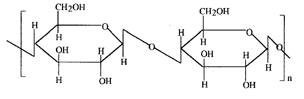 <p>made of glucose and is bonded with 1-4 beta glycosidic bonds</p>