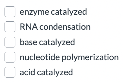 <ul><li><p>enzyme catalyzed</p></li><li><p>acid catalyzed </p></li><li><p>base catalyzed</p></li></ul><p></p>