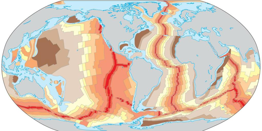 <p>Based on the image, what color represents the YOUNGEST ocean crust? </p>