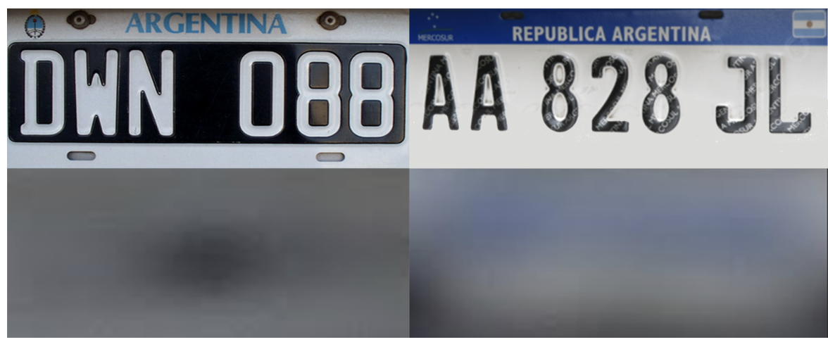 <p>White plates with a blue bar at the top, or older black plates with a central black dot. Only Argentina has the black dot.</p>