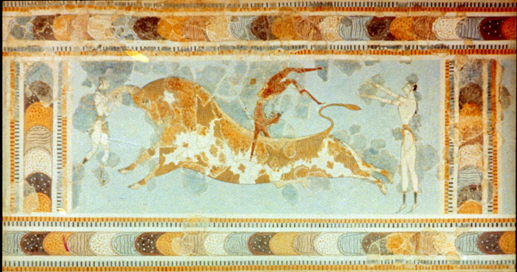 <ul><li><p><span>Bulls were very significant to the Minoans&nbsp;</span></p></li><li><p><span>Bulls positioning is called “flying gallop”</span></p></li><li><p><span>Bulls horns are being grabbed by the figure on the left, thought to be a female (white complexion was characteristically female in Minoan art), figure on the bull is likely male (brown complexion)</span></p></li><li><p><span>theory that this could depict a constellation</span></p></li></ul>