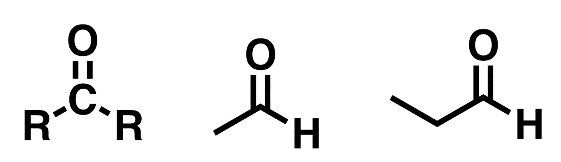 <p>C=O (carbonyl) w/ R groups attached to the carbonyl carbon. At least 1 of the R groups must be hydrogen</p>