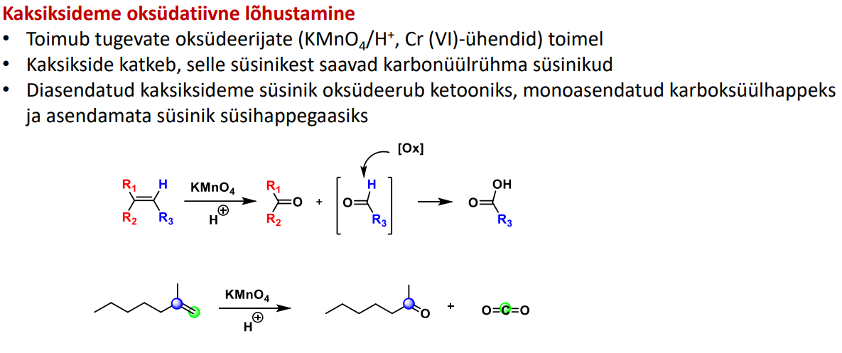 <p>Kaksikside katkeb, läheb pooleks.<br>Diasendatud süsinik oksüdeerub ketooniks (lihtsalt pooleks ja O otsa)<br>Monoasendatud karb happeks (vaja hapniku olemsaolu)<br>Asendamata süsinik CO2-ks</p><p><em>(kuna KMnO4-ga 2 eri reaktsiooni alkeenidel, ss jäta nii meelde, et see on KMnO4 koos H+-iga, ehk olenevalt asendusest, võib olla mitu (“+”) varianti)</em></p>