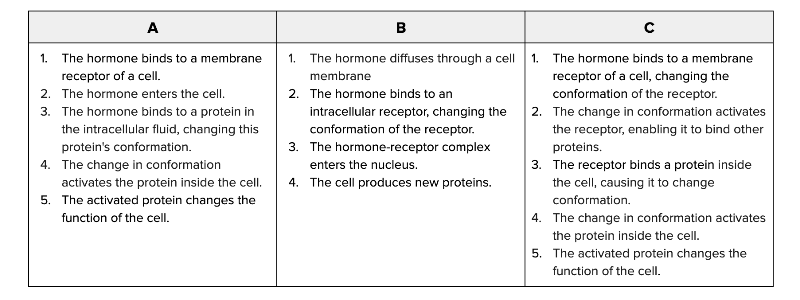 <p>Which sequence accurately describes the steps of signaling by a hydrophilic hormone?</p><ul><li><p><span>a. Sequence A</span></p></li><li><p><span>b. Sequence B</span></p></li><li><p><span>c. Sequence C</span></p></li></ul><p></p>