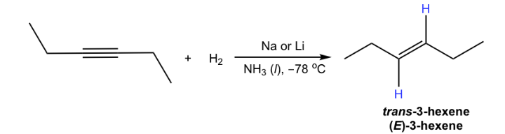 <ul><li><p>makes E alkenes from alkynes</p></li><li><p>trans-conformations</p></li><li><p>Na, NH<sub>3</sub> can also be used</p></li></ul><p></p>