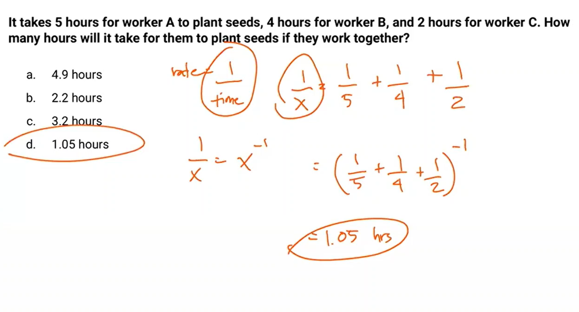 <p>Answer: d. 1.05 hours </p>