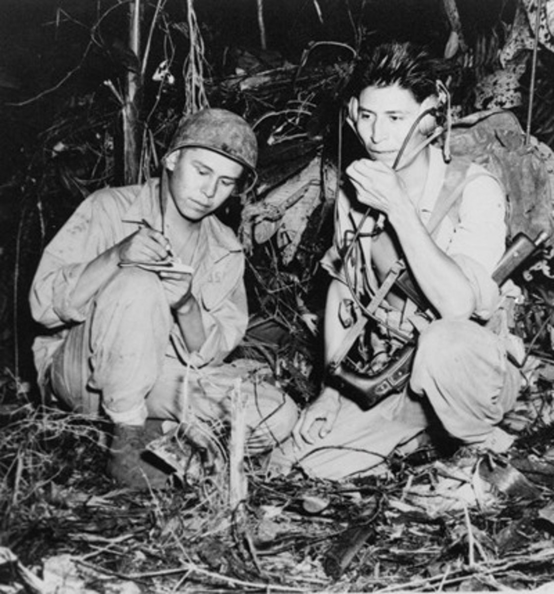 <p>Native American men who served in the military by transmitting radio messages in their native language, which was undecipherable by German and Japanese spies.</p>