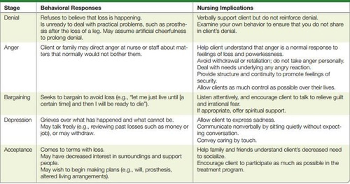 <p>Described stages or phases of grieving, most well known being Kübler-Ross (1969), who described five stages: Denial, Anger, Bargaining, Depression, Acceptance.</p>