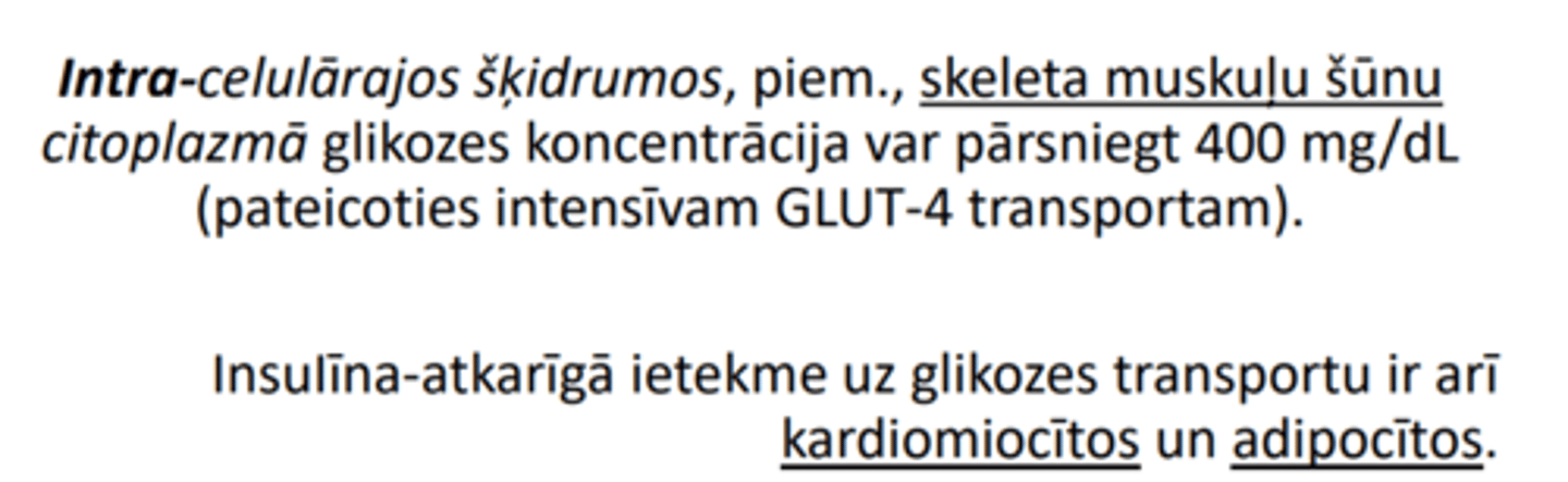<p>glikozes koncentrācija ekstra-celulārajos šķidrumos sasniedz pat 600-700 mg/dL, glikozes transports uz šūnu citoplazmu var palielināties pat 10 - 15 reižu, pateicoties intensīvai insulīna sekrēcijai aizkuņģa dziedzerī</p>