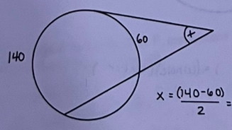 <p>(bigger arc-smaller arc)/2</p>