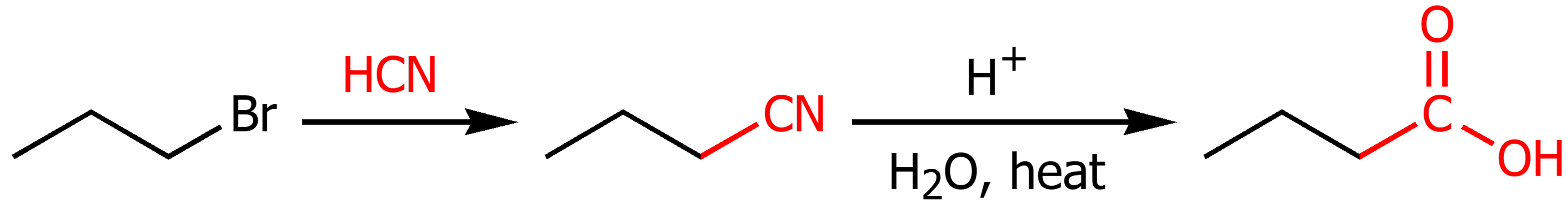 <p>Using 1. HCN 2. H<sup>+</sup> with water and heat carboxyilic acid can be synthesized.</p>