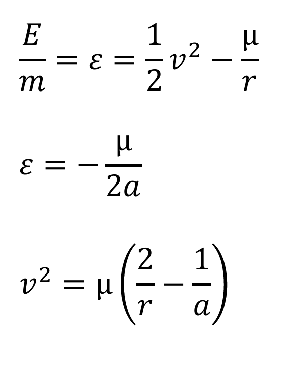 <p><span style="color: blue;">Practice</span>: Derive the three equations in the image from the Orbital Energy Equation<span> </span></p>