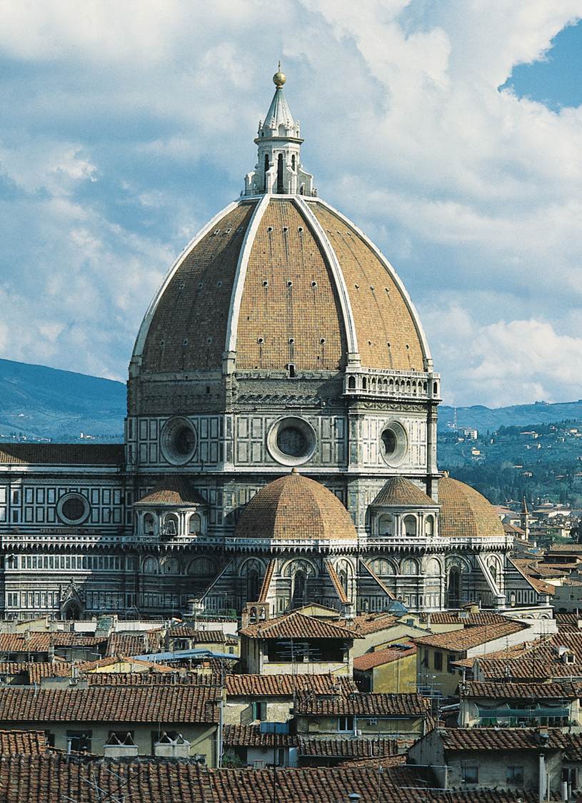 <p>$$<strong>Linear Perspective:</strong>$$</p>
<p>Masaccio and Brunelleschi are seen as innovators in their respective fields of a painting and architecture. Their works reached new heights with the fine tuning and exploration of linear perspective. Filippo Brunelleschi, who lost the competition for the baptistery doors against Lorenzo Ghiberti, is credited with the invention of linear perspective.</p>
<p>Masaccio's innovations in fresco painting include linear and atmospheric perspective as well as improvements in the lifelike quality of figures and their modeling with the use of shadows. This can be seen in the Brancacci Chapel and Holy Trinity frescoes. Brunelleschi was able to span the 140 foot opening of the Florence Cathedral by constructing a double shelled dome with 8 exterior ribs.</p>