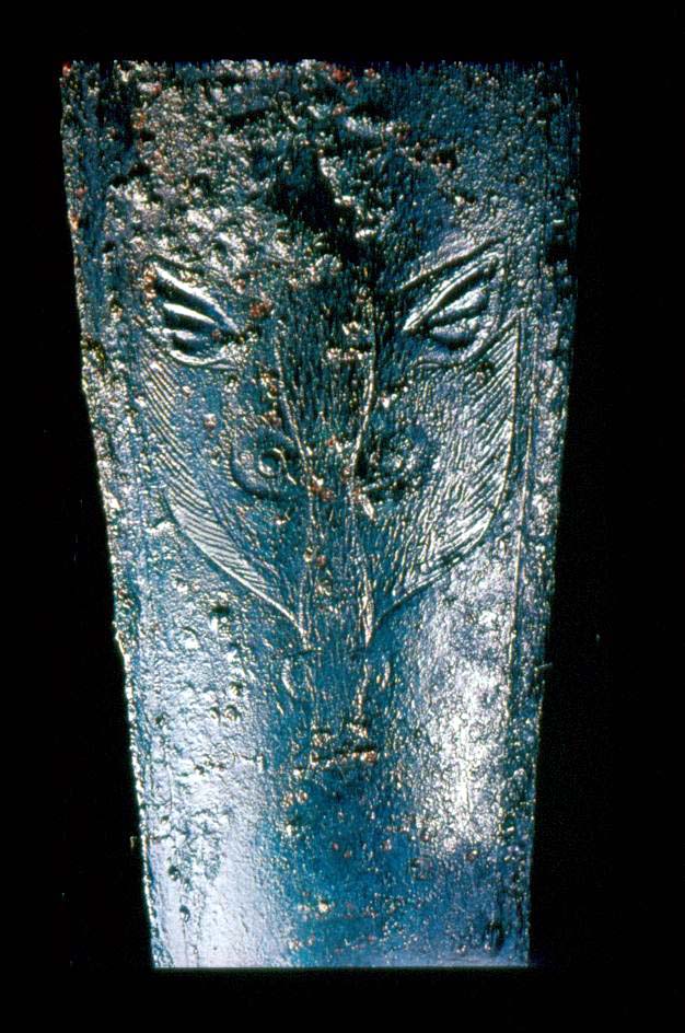 <p>Detail of the blade of the bronze “sacrificial dagger” that was found on top of the skeleton at Anemosphilia</p>