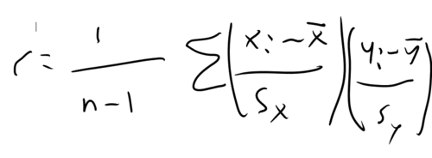 <p>It describes how well the data fits a linear trend. A positive r means a positive association, a negative r means a negative association and r's with higher absolute values indicate stronger relationships. r is not affected by which variable is called x or called y, and an r of 0 doesn't necessarily indicate no relationship (it could be a strong nonlinear relationship). The formula is the sum of the product of all x and y z scores divided by the sample size-1.</p>