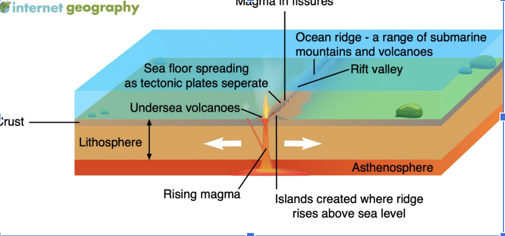 <ul><li><p>Atlantic plate boundary</p><ul><li><p>area with lots of volcanic activity at constructive zones</p></li><li><p>occurs underwater on ocean floor</p></li><li><p>creates new crust</p></li></ul></li><li><p>can occur at oceanic or continental boundaries</p></li><li><p>as the new is formed, it pushes out what was previously there and it cools to create the new crust</p></li><li><p>this thickens the lithosphere</p></li><li><p>the constructive contenential crust is less dense so it will float on top of the oceanic causing subduction of oceanic crust</p></li></ul>