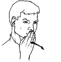 <p><span style="font-size: medium">starting with the fingers of your dominant hand near your lips.&nbsp; Your hand should be a "flat hand."&nbsp; Move your hand forward and a bit down in the direction of the person</span></p>