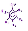 <p>-fenol, bensenring med hydroxidgrupp på, syra pga O dras in mot ringen, H sitter löst, vattenlösligt, blir till jon</p>