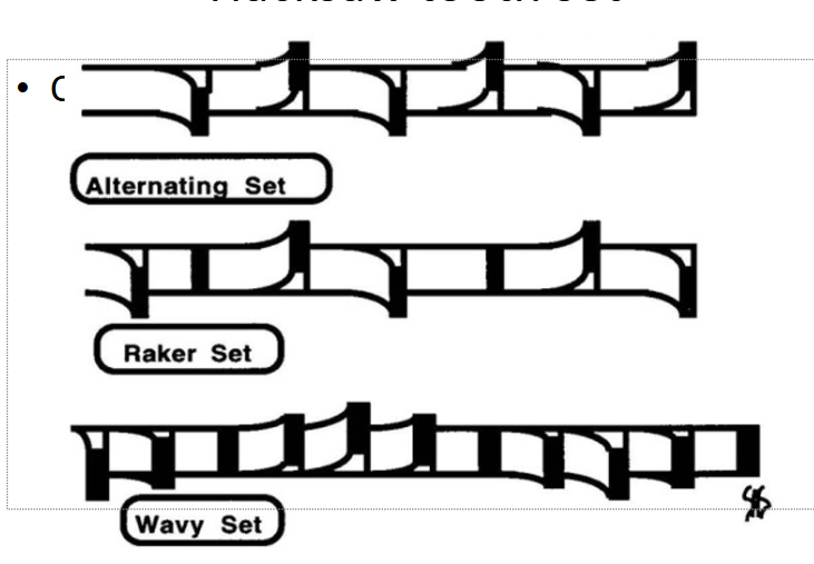 <ul><li><p class="Paragraph WhiteSpaceCollapse SCXP42997304 BCX0" style="text-align: left;"><span style="line-height: 0px;"><span>ripped teeth​</span></span></p></li><li><p class="Paragraph WhiteSpaceCollapse SCXP42997304 BCX0" style="text-align: left;"><span style="line-height: 0px;"><span>The set can be one of three types​</span></span></p></li><li><p class="Paragraph WhiteSpaceCollapse SCXP42997304 BCX0" style="text-align: left;"><span style="line-height: 0px;"><span>Alternating (straight)​</span></span></p></li><li><p class="Paragraph WhiteSpaceCollapse SCXP42997304 BCX0" style="text-align: left;"><span style="line-height: 0px;"><span>Most common​</span></span></p></li><li><p class="Paragraph WhiteSpaceCollapse SCXP42997304 BCX0" style="text-align: left;"><span style="line-height: 0px;"><span>Raker ​</span></span></p></li><li><p class="Paragraph WhiteSpaceCollapse SCXP42997304 BCX0" style="text-align: left;"><span style="line-height: 0px;"><span>Wavy ​</span></span></p></li></ul><p class="Paragraph WhiteSpaceCollapse SCXP42997304 BCX0" style="text-align: left;"><span style="line-height: 0px;"><span>​</span></span></p>