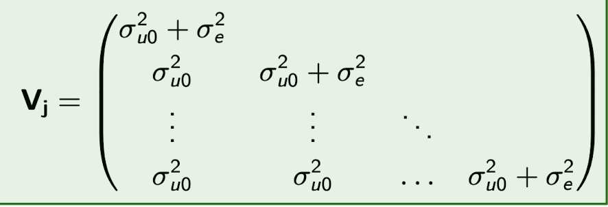 <p>It is a $$T_j \times T_j$$ matrix with:</p><p>- $$\sigma^2_{u0} + \sigma^2_e$$ on the diagonal  </p><p>- $$\sigma^2_{u0}$$ on the off-diagonals  </p>