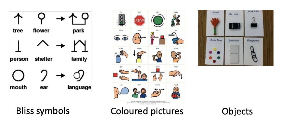 <ul><li><p>bliss symbols </p></li><li><p>coloured pictures </p></li><li><p>objects </p></li></ul><p></p>