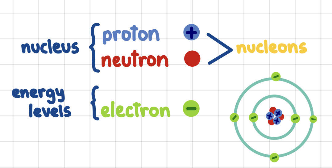 proton (+)    - nucleus
neutron (  )  - nucleus

electron (-)   - energy levels