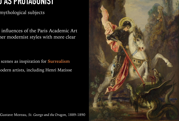 <ul><li><p>From late 19th century onwards</p></li><li><p>France</p></li><li><p>In reaction to Realism, return of emotions</p></li><li><p>Subjectivity, spirituality, and dreamlike atmospheres; not really concerned with real-life</p></li><li><p>Return of religious and mythological subjects; Gustave Moreu as protagonist</p></li><li><p>was an inspiration for surrealism</p></li><li><p>precision and detail still influences of the Paris academic art salon different from other modernist styles with more clear stylistic break</p></li><li><p>wasn't necessarily radical </p></li></ul><p></p>