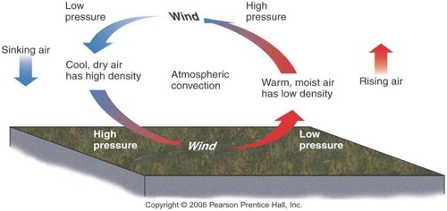 <p>Moving air (motion in the atmosphere) driven primarily by convection.</p>